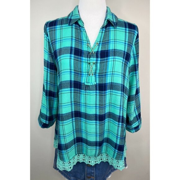 new directions Tops - New Directions Flannel - Lace Hem - Turquoise & Navy - Medium - Casual - Tunic